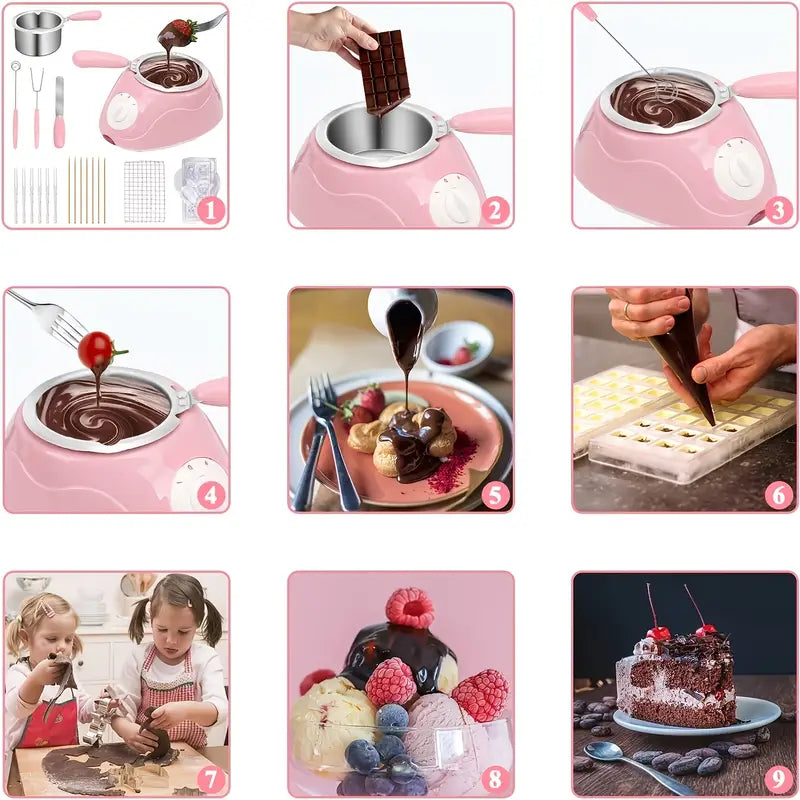 Electric Chocolate Melting Pot Fondue Machine Set Pink