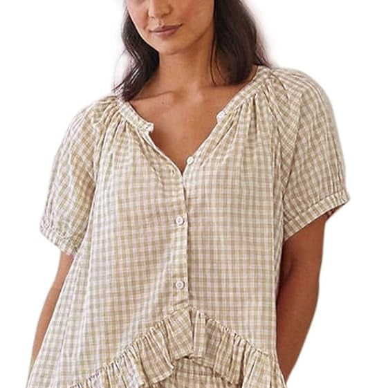Women’s Pyjama Set – Button-Down Top & Gingham Pants FondueHaven