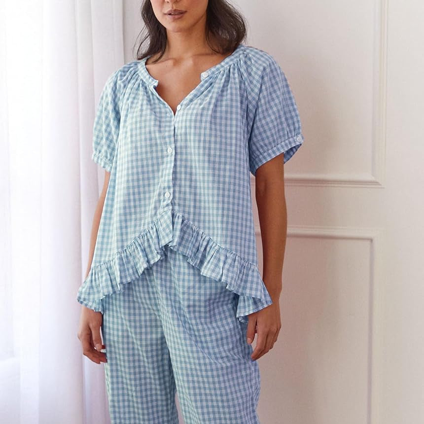 Women’s Pyjama Set – Button-Down Top & Gingham Pants FondueHaven