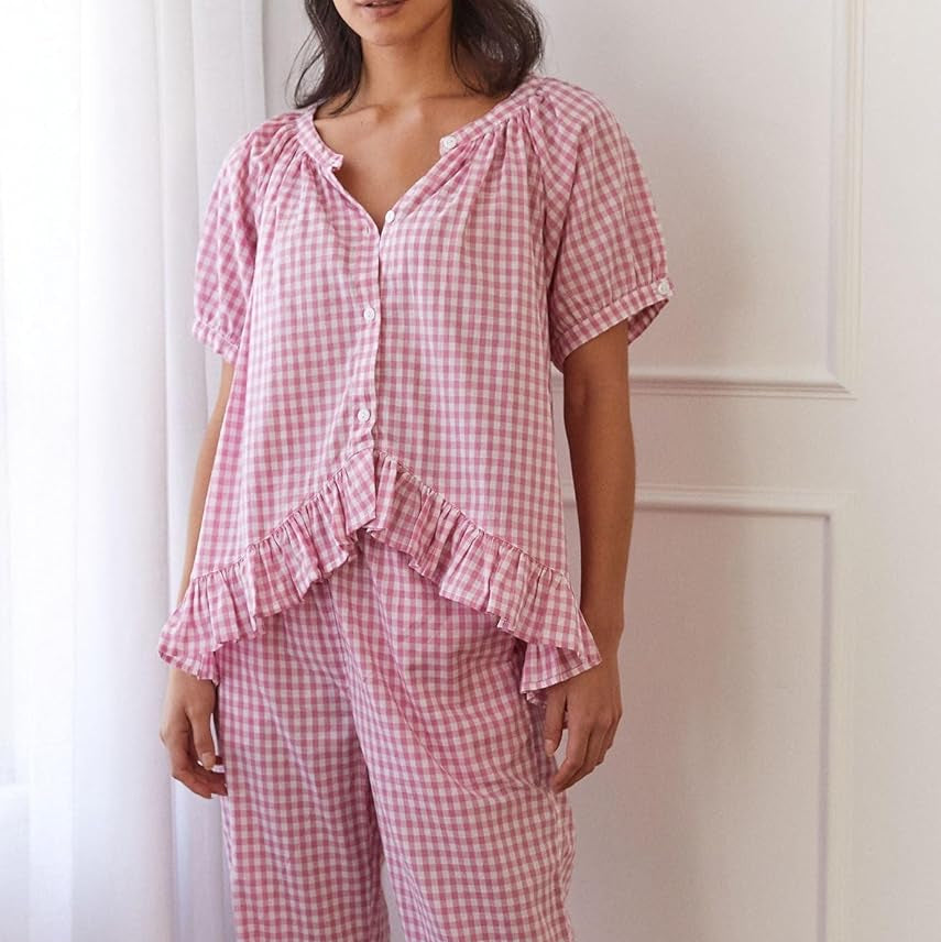 Women’s Pyjama Set – Button-Down Top & Gingham Pants FondueHaven