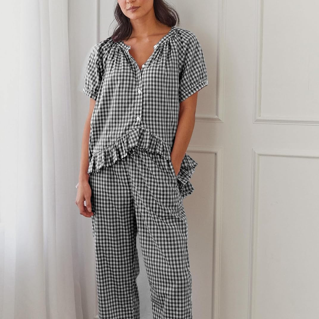 Women’s Pyjama Set – Button-Down Top & Gingham Pants FondueHaven