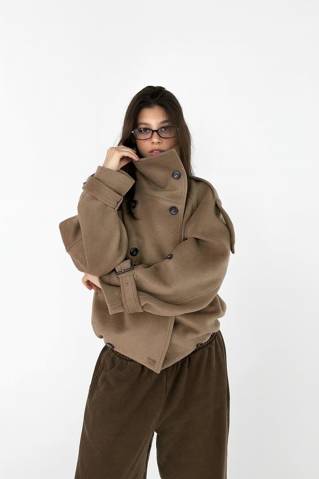 Taupe High Neck Textured Trench Coat