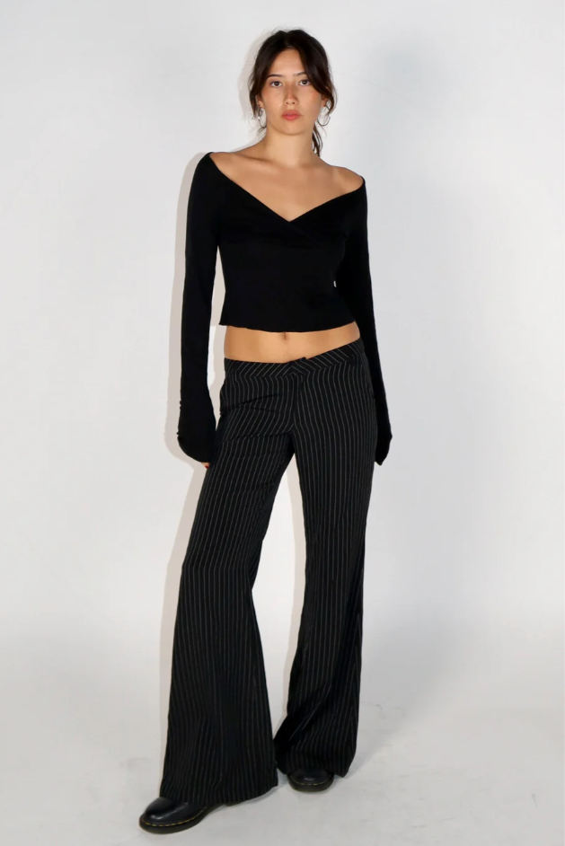 Low‑Rise Flared Pinstripe Trousers